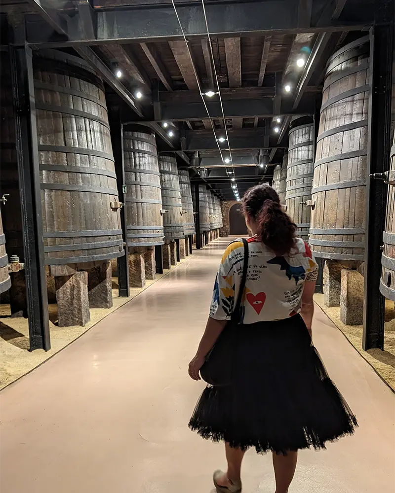 Visita à Bodega Franco Espanhola, na parte dos barris de carvalho.