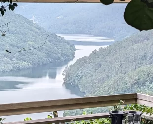 Vista do Rio Sil cercado por montanhas verdes, com folhas e galhos emoldurando a cena na parte superior da imagem.