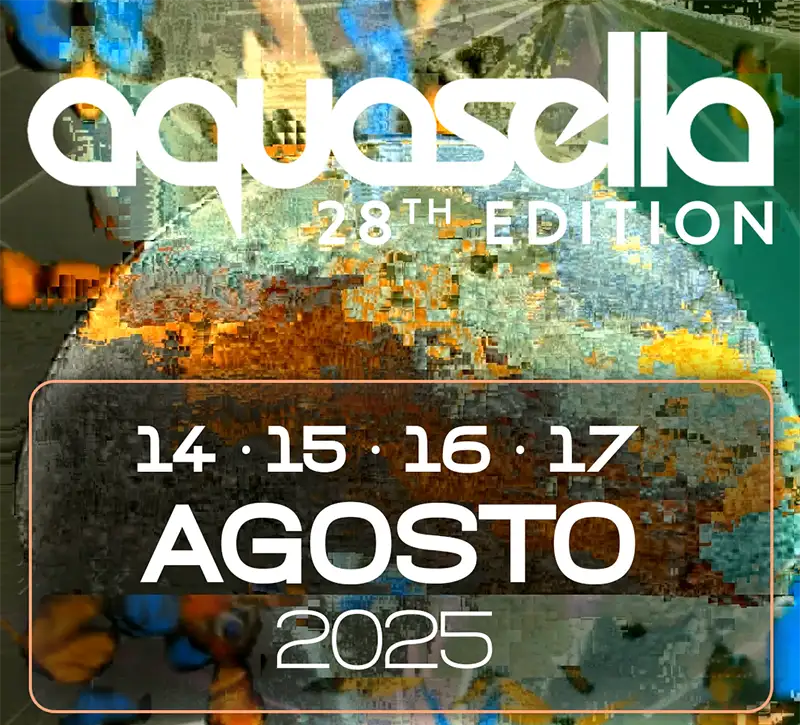 Cartaz do Aquasella Festival 2025, destacando as datas 14 a 17 de agosto para sua 28ª edição, com design futurista em tons vibrantes.