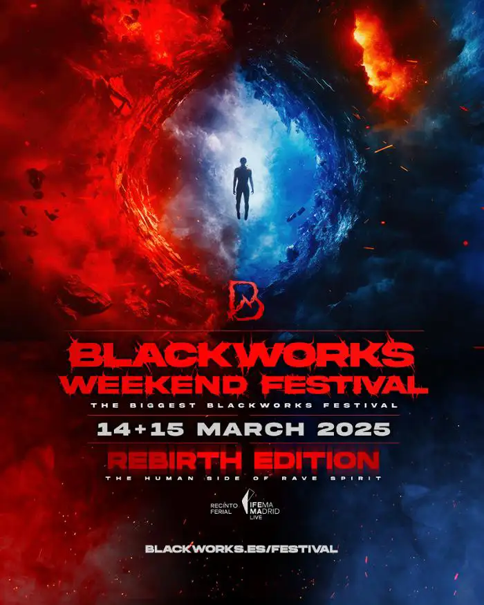 Cartaz do Blackworks Weekend Festival 2025, destacando a edição 'Rebirth' com as datas 14 e 15 de março, em Madrid, e design visual com tons de azul e vermelho representando o tema do renascimento.