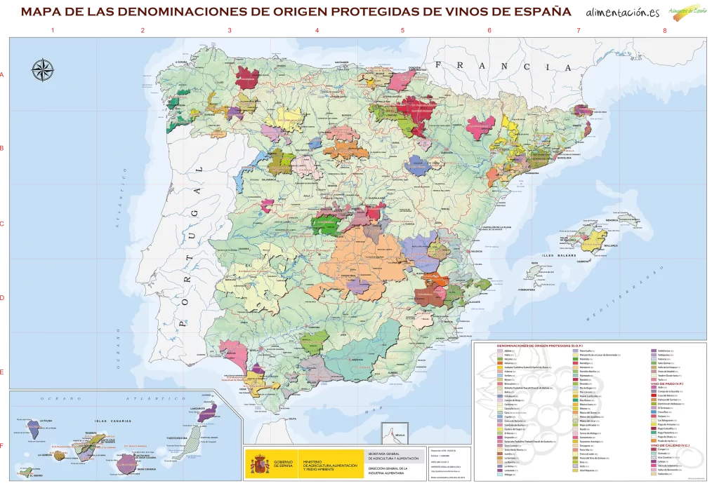 Mapa das Denominações de Origem de vinhos na Espanha, com regiões destacadas em cores diferentes e legenda explicativa.