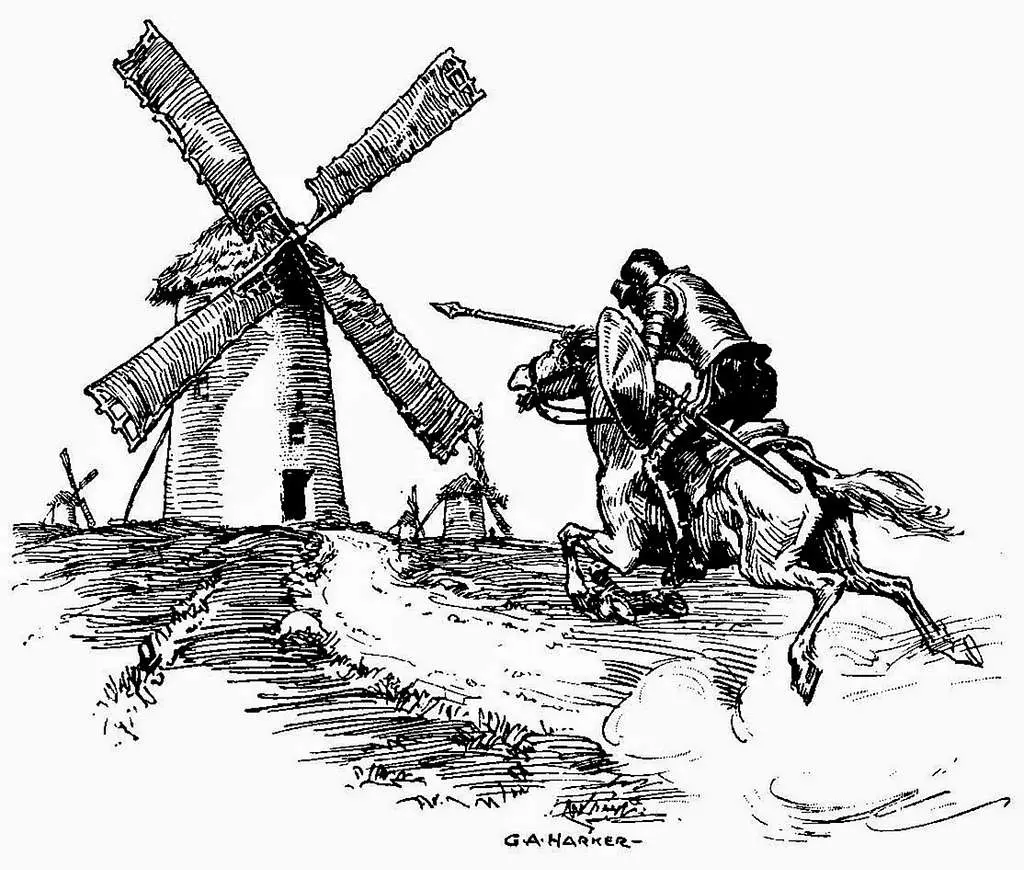 Ilustração de Dom Quixote atacando um moinho de vento com sua lança, cena icônica do romance de Cervantes