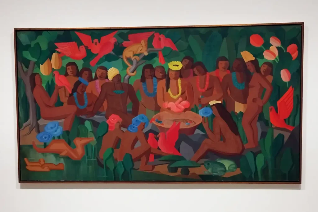 Pintura Batizado de Macunaima de Tarsila do Amaral com cena indigena e elementos tropicais no Guggenheim Bilbao