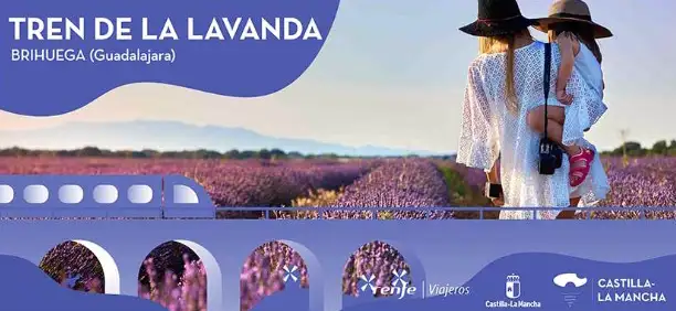 Cartaz do Trem da Lavanda com visitantes em campo de lavanda em Brihuega, Renfe e Castilla-La Mancha