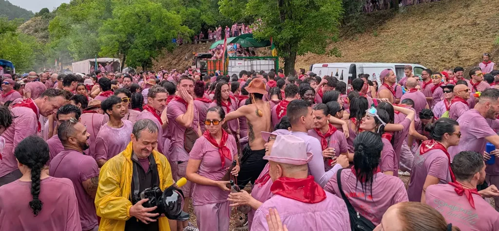 Multidão de participantes da Batalha do Vinho de Haro cobertos de vinho roxo, vestindo camisetas rosa e lenços vermelhos, em pé no morro cercados por árvores e veículos de peñas e bodegas, com pessoas dançando e celebrando.
