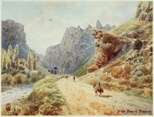 Pintura antiga do desfiladeiro de Pancorbo com viajantes a cavalo e montanhas rochosas ao fundo, Burgos, Espanha