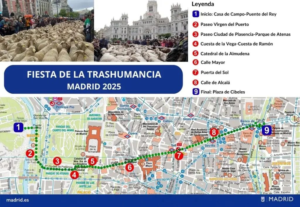 Mapa oficial da Festa da Transumância de Madrid 2025, com o percurso das ovelhas desde a Casa de Campo até a Plaza de Cibeles