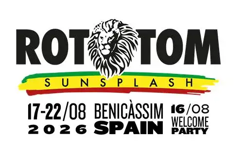 Cartel del Rototom Sunsplash 2026 con fechas del 17 al 22 de agosto en Benicàssim, España, y welcome party el 16 de agosto.