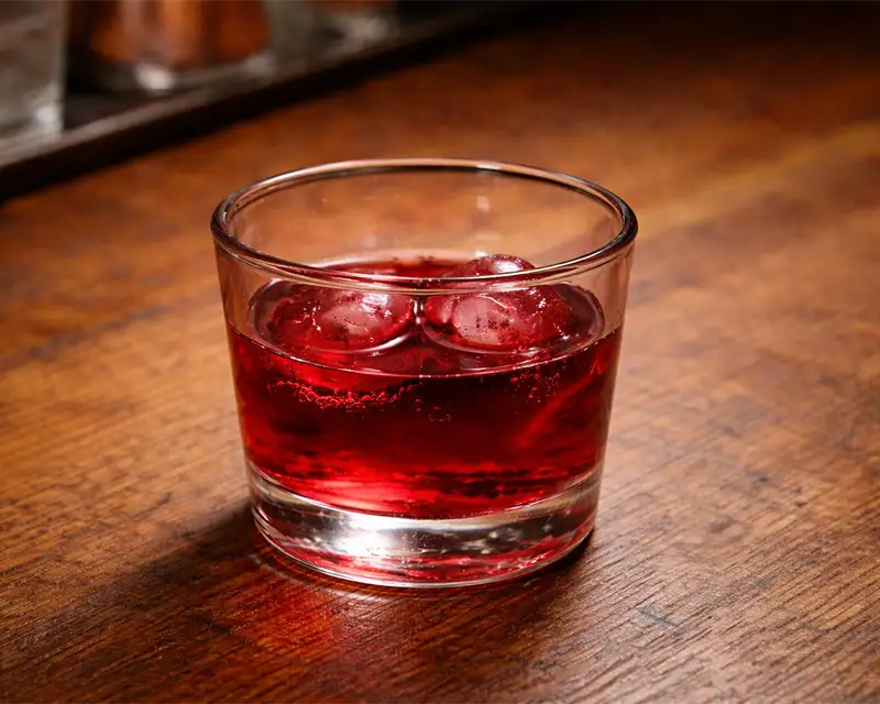 Vasito de pacharán servido a meio copo, com gelo, sobre balcão de madeira em bar de Pamplona.
