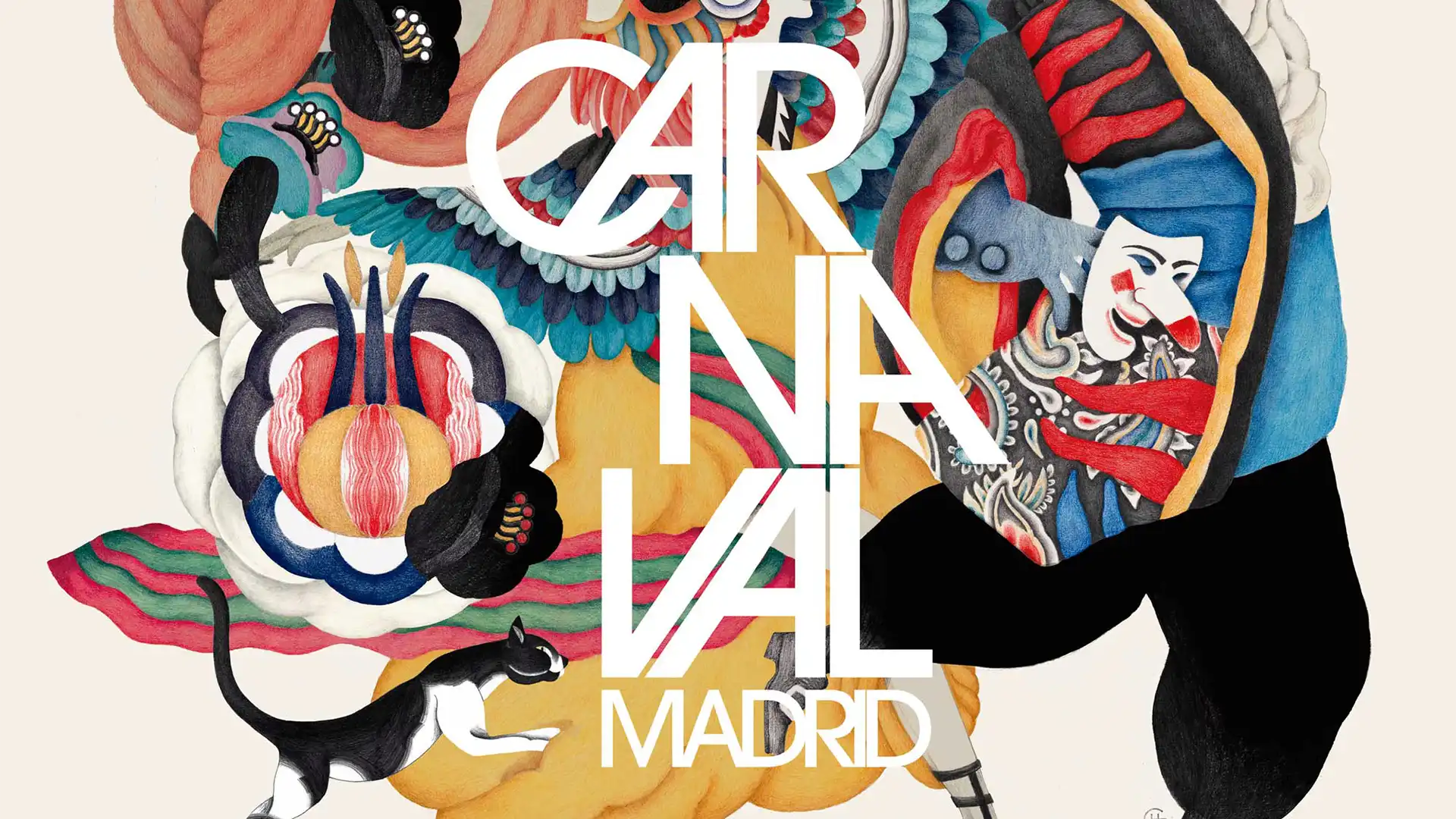 Ilustração do Carnaval de Madrid com personagens fantasiados, cores vibrantes e tipografia central destacando o nome do evento.