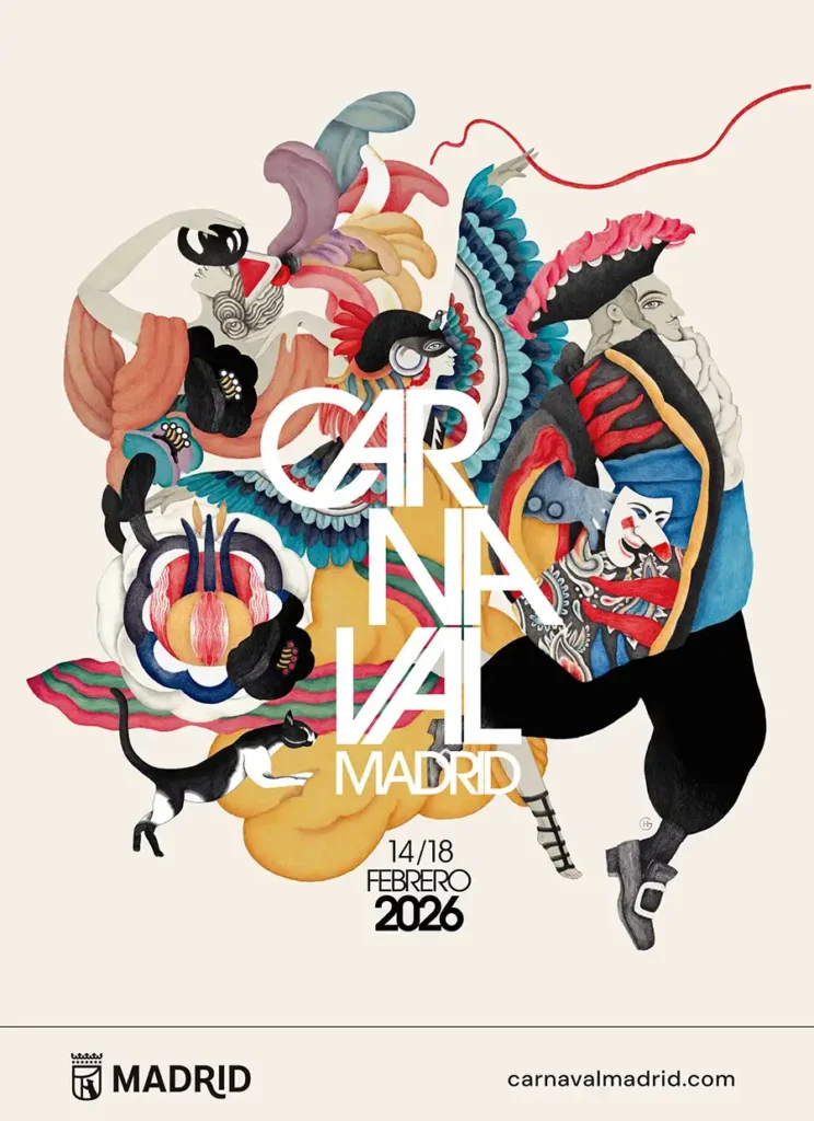 Cartaz oficial do Carnaval de Madrid 2026, com ilustração colorida de personagens carnavalescos e datas do evento entre 14 e 18 de fevereiro.