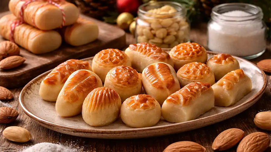 Marzipã tradicional de Toledo servido em prato com doces de amêndoa assados e ingredientes como amêndoas e açúcar ao fundo.