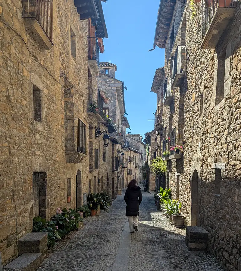 Rua principal do centro histórico de Aínsa com casas medievais de pedra, vasos de flores e uma pessoa caminhando, Huesca, Aragão.