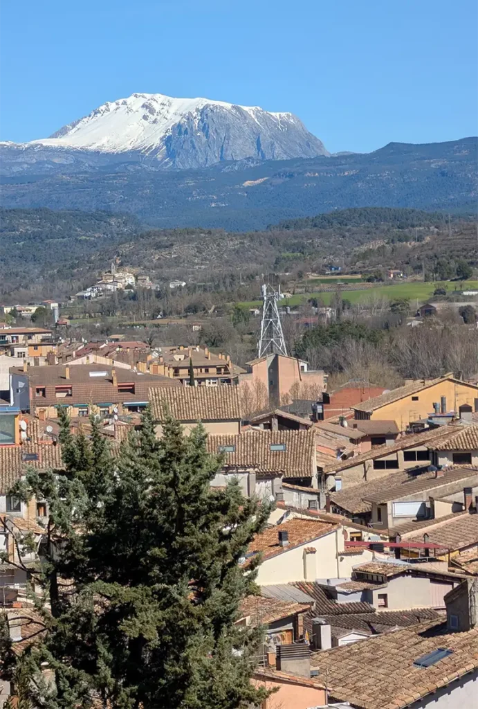 Vista panorâmica de Graus com os telhados da cidade e uma montanha nevada dos Pirineus ao fundo, Huesca, Aragão.
