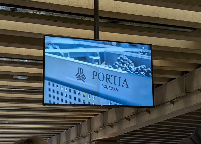 Uma tela de TV no teto da Bodega Portia mostrando um vídeo de apresentação com a marca "PORTIA BODEGAS" e caixas de uvas, em um ambiente de produção moderno.