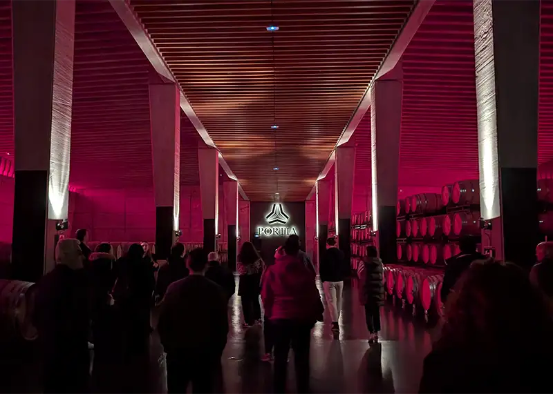 O túnel icônico da Bodega Portia, iluminado com luzes rosa-avermelhadas vibrantes e forrado com fileiras de barricas de carvalho e o logotipo "PORTIA" no final.