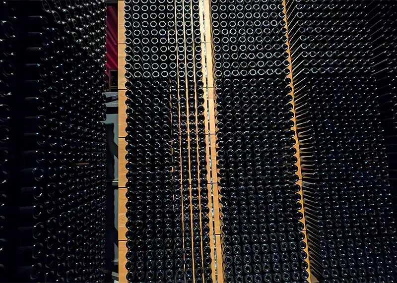 Uma parede densa e texturizada formada exclusivamente pelo fundo de centenas de garrafas de vinho em envelhecimento na Bodega Portia, criando um padrão geométrico e visual impressionante.