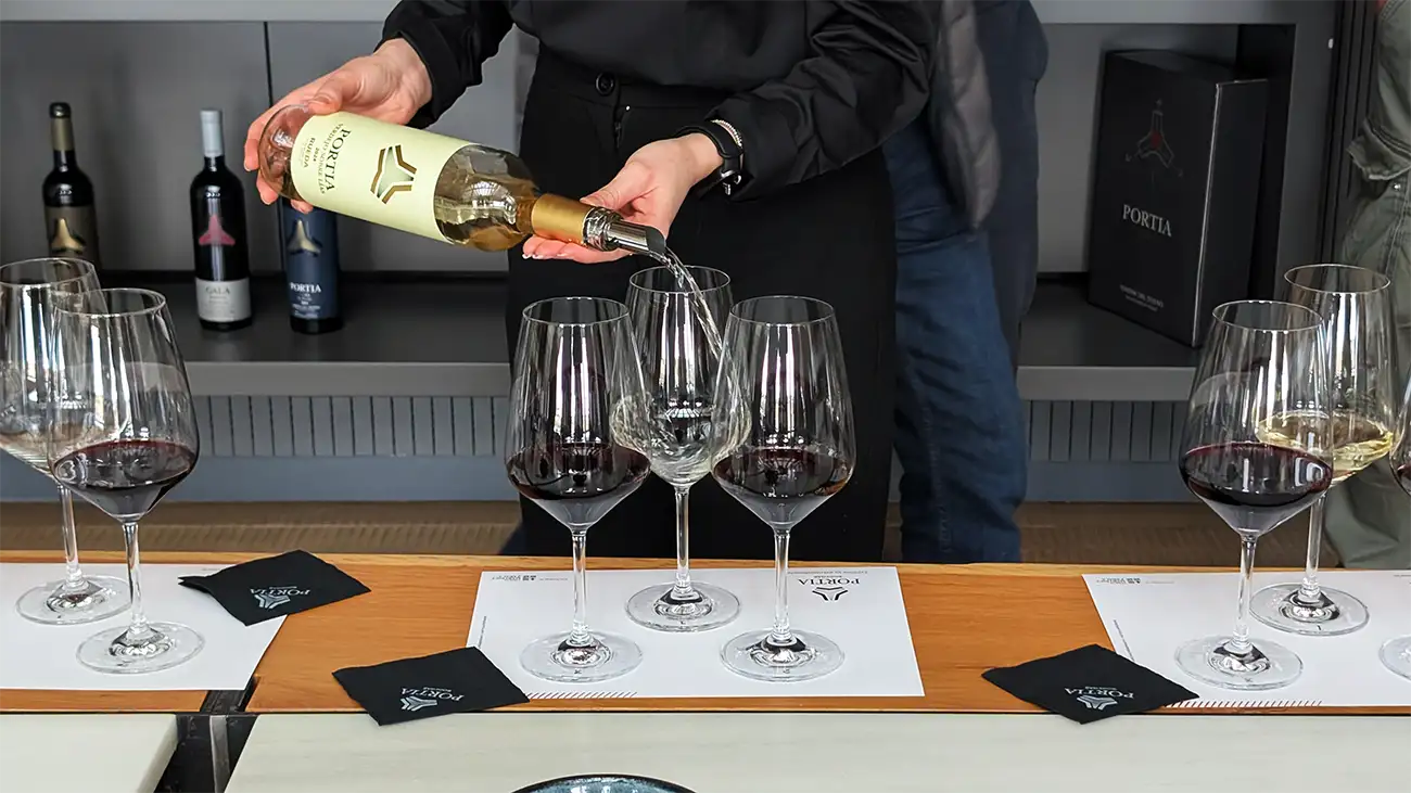 Pessoa servindo vinho branco de uma garrafa Portia em uma taça, com várias outras taças de vinho tinto e branco sobre uma mesa de degustação.