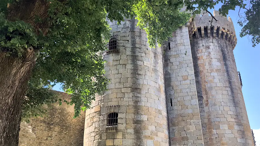 Torre de piedra del castillo de Granadilla con ventanas enrejadas, enmarcada por un gran árbol bajo un cielo azul.