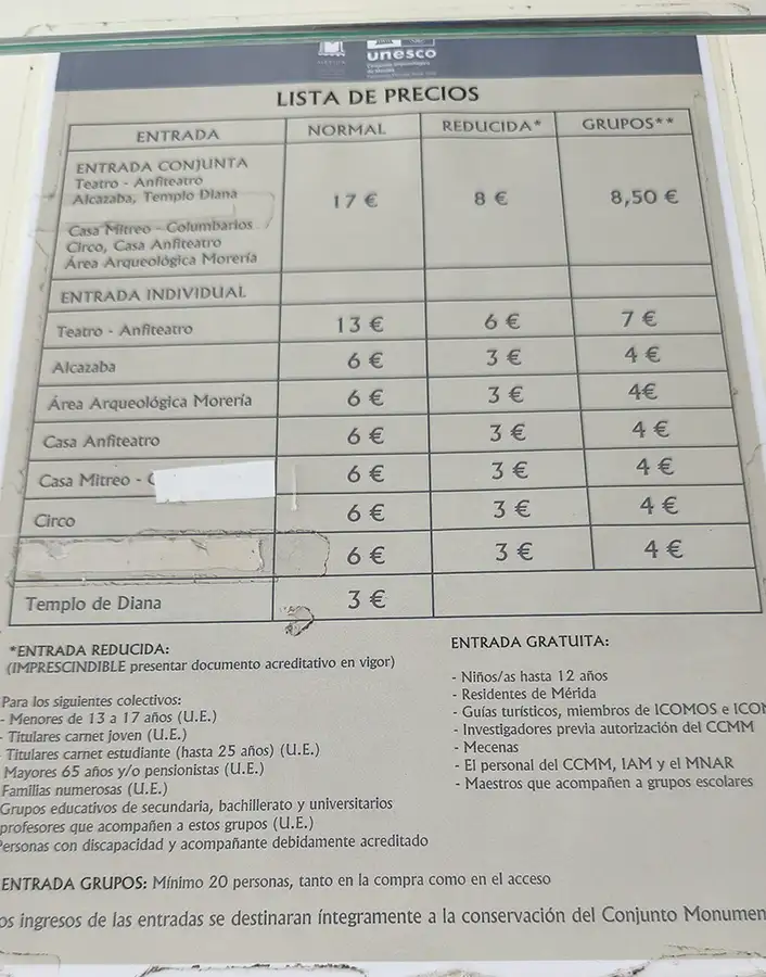 Tabela de preços dos ingressos do conjunto monumental de Mérida, com valores para entrada individual e conjunta, reduzida e para grupos