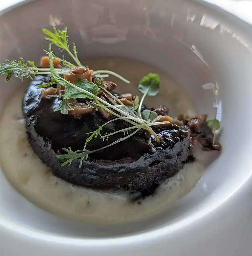 Meloso de vitela com cogumelos silvestres e creme de batata no restaurante do Puebloastur