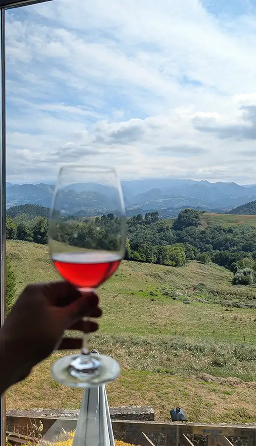 Taça de vinho rosado do Puebloastur em frente à janela com vista para as montanhas das Astúrias