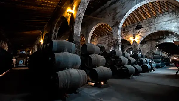 Sala de envelhecimento rústica com arcos de pedra, repleta de pilhas de grandes barris de xerez de carvalho.