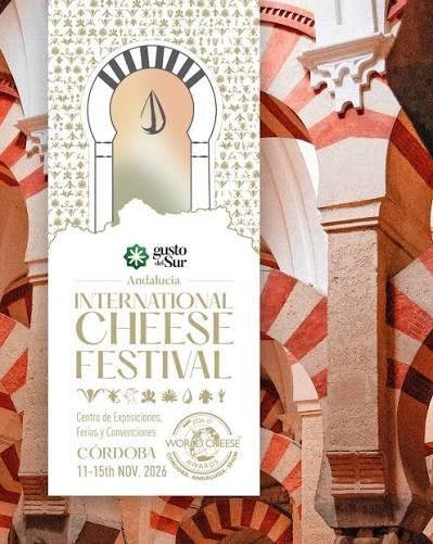 Pôster do festival de queijos de Córdoba 2026 com o selo do World Cheese Awards e arcos da Mesquita-Catedral