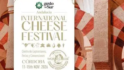 Cartaz do International Cheese Festival 2026 em Córdoba, sede do World Cheese Awards, com arcos da Mesquita ao fundo