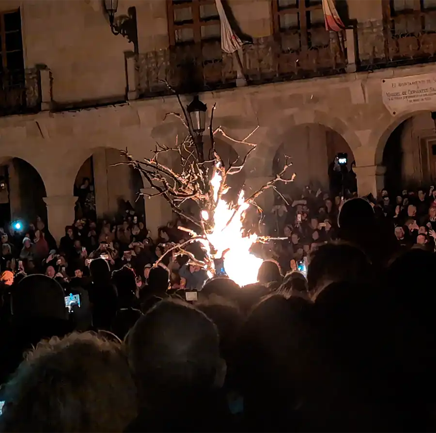 Fogueira em forma de árvore no centro de uma praça rodeada de público no Festival de las Ánimas.